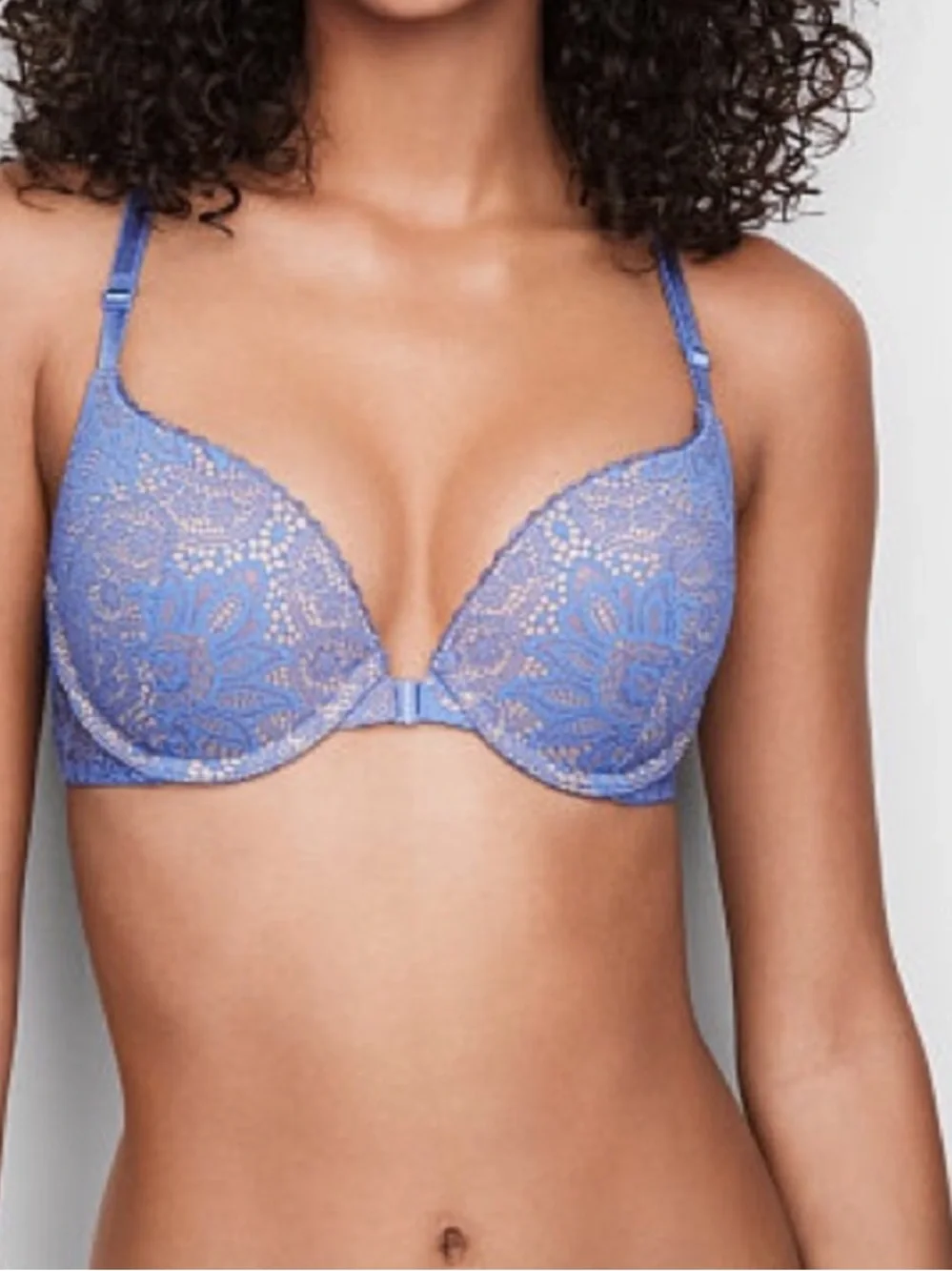 VICTORIA’S SECRET 34DD Very Sexy Push-Up Bra Front Close Strappy Back Blue Lace - Picture 4 of 17
